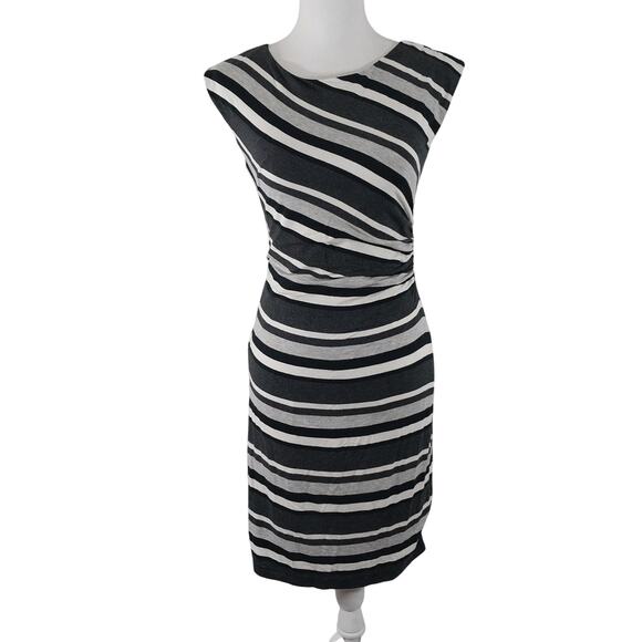ANN TAYLOR LOFT! BLACK, WHITE, GRAY DIAGONAL STRIPE STRETCH T-SHIRT DRESS! SZ XS - Picture 2 of 10